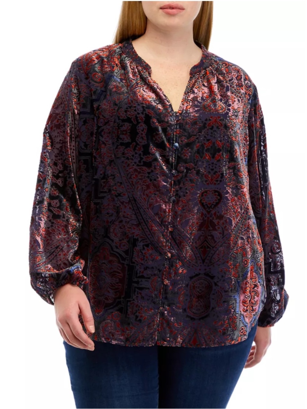 Tahari Womens Size 1X Velvet Paisley Blouse Purple/Red Long Balloon Sleeve